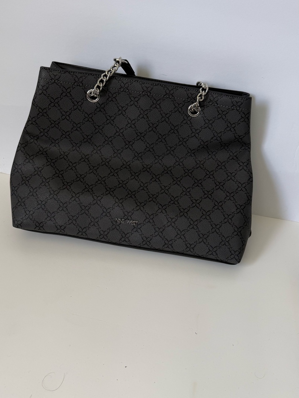 Nine West Black Logo-Print Tote with Silver Chain Handles